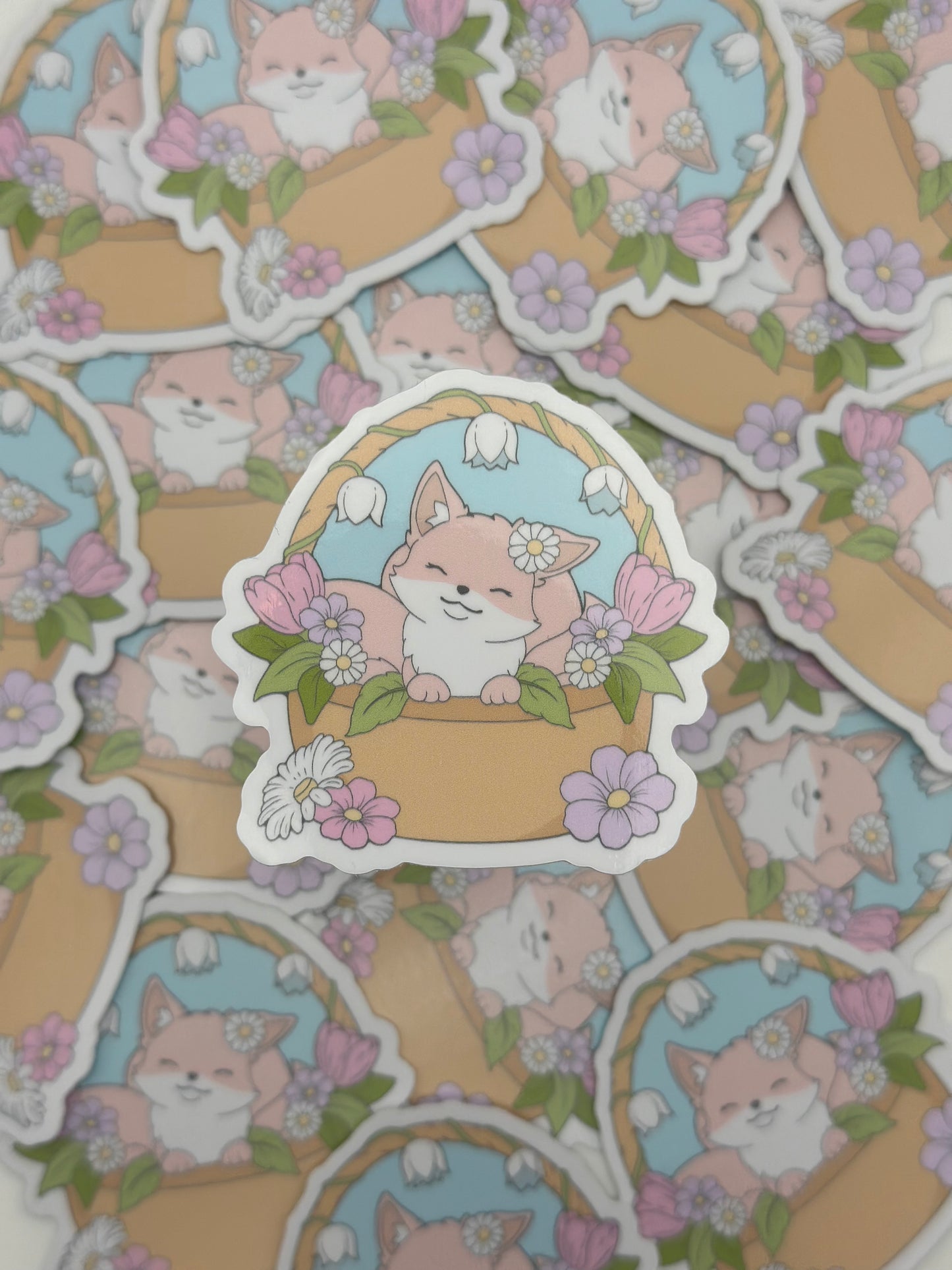 Basket Kitsune Sticker-Pink