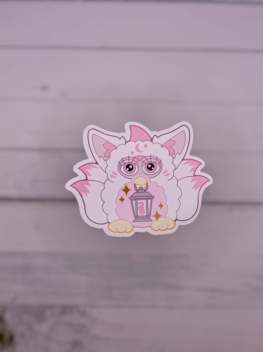 White and Pink retro electronic pet inspired fox spirit sticker holding a lantern with celestial details and fluffy tails